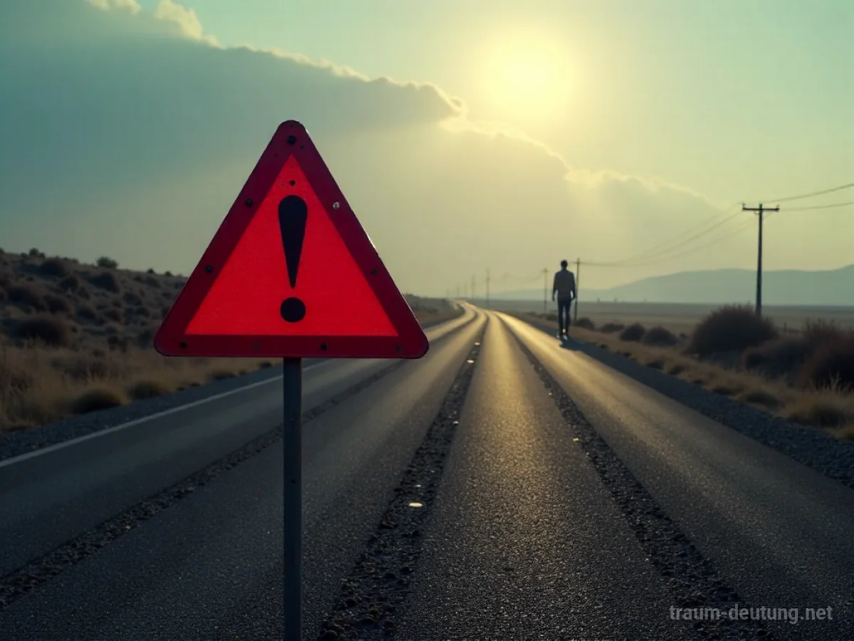 Warnschild mit Ausrufezeichen auf einsamer Straße, im Hintergrund eine dunkle Silhouette.