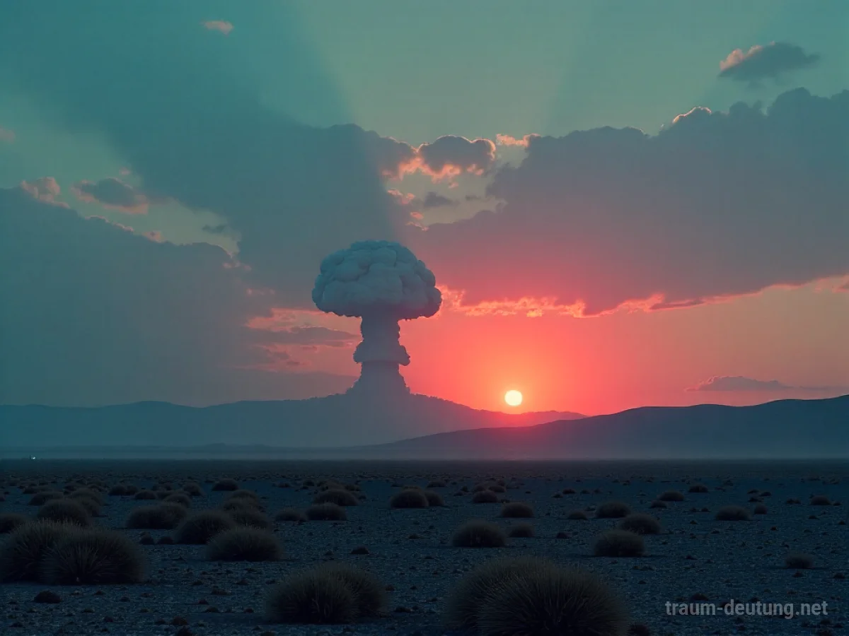 Dystopische Landschaft mit einer Silhouette einer Pilzwolke am Horizont.
