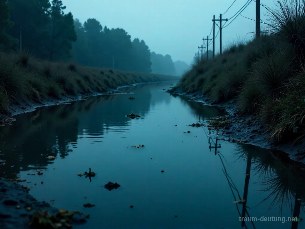 Dunkles, stehendes Wasser im Traum, das einen trüben Himmel spiegelt.