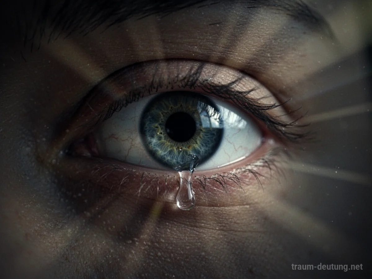 Ein einzelnes Auge, aus dem eine Träne fließt, vor dunklem Hintergrund
