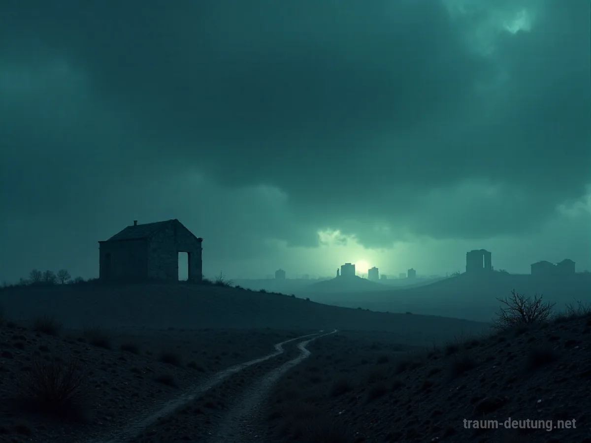 Ruinen einer Stadt unter einem düsteren Himmel nach einer Zerstörung.