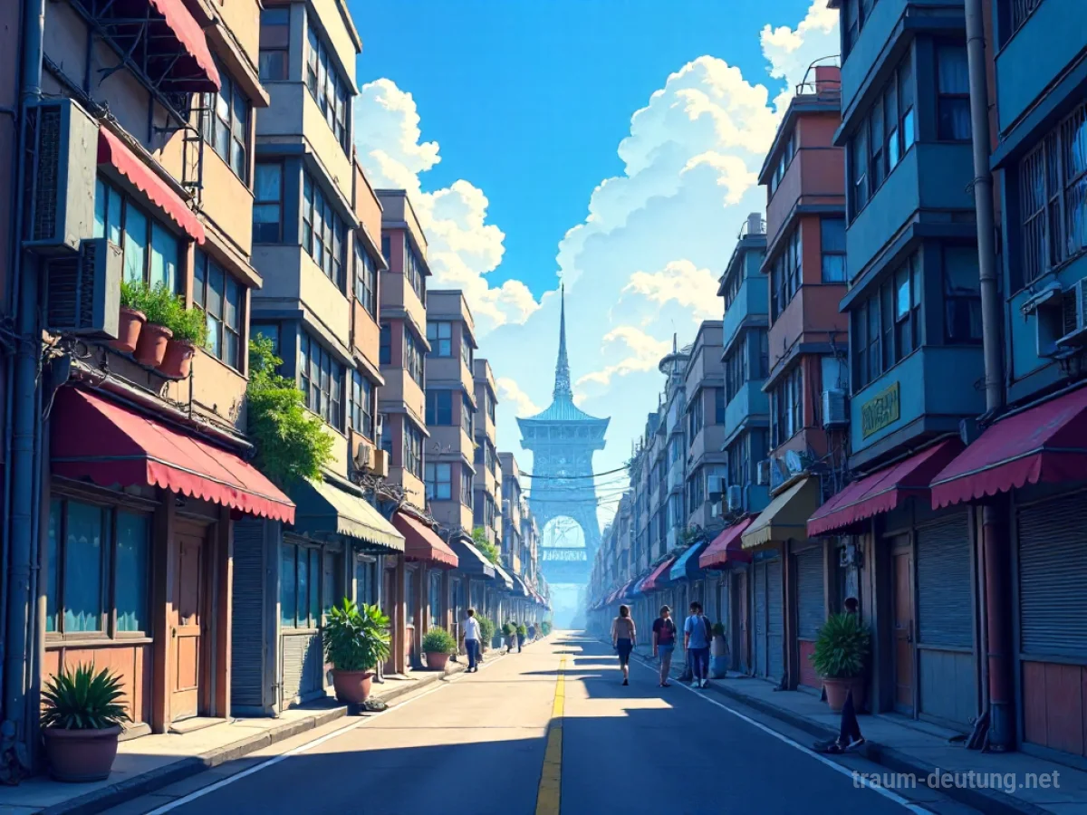 Stadtlandschaft im Anime-Stil mit stilisierten Gebäuden und Charakteren.