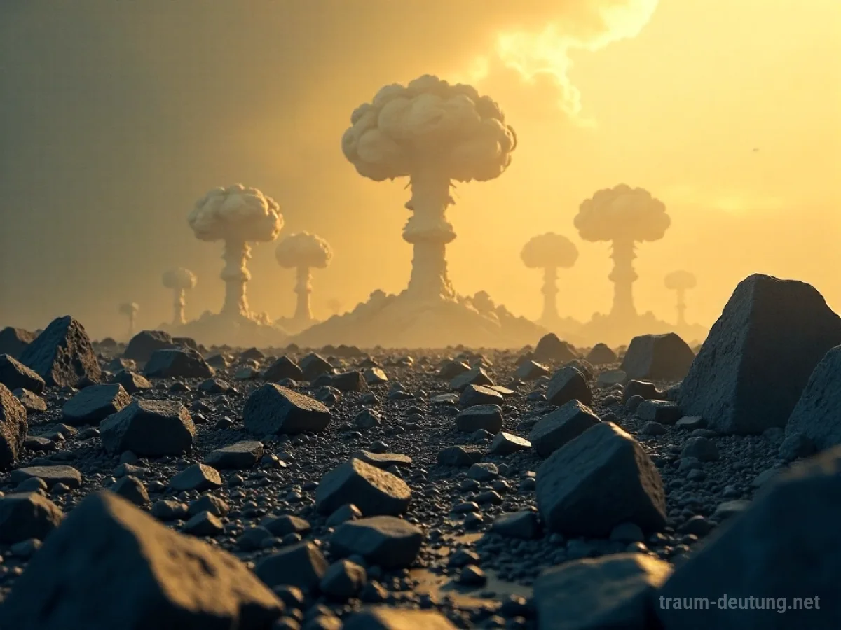 Symbolische Darstellung einer zerbrechenden Welt mit Silhouetten von Atompilzen am Horizont.