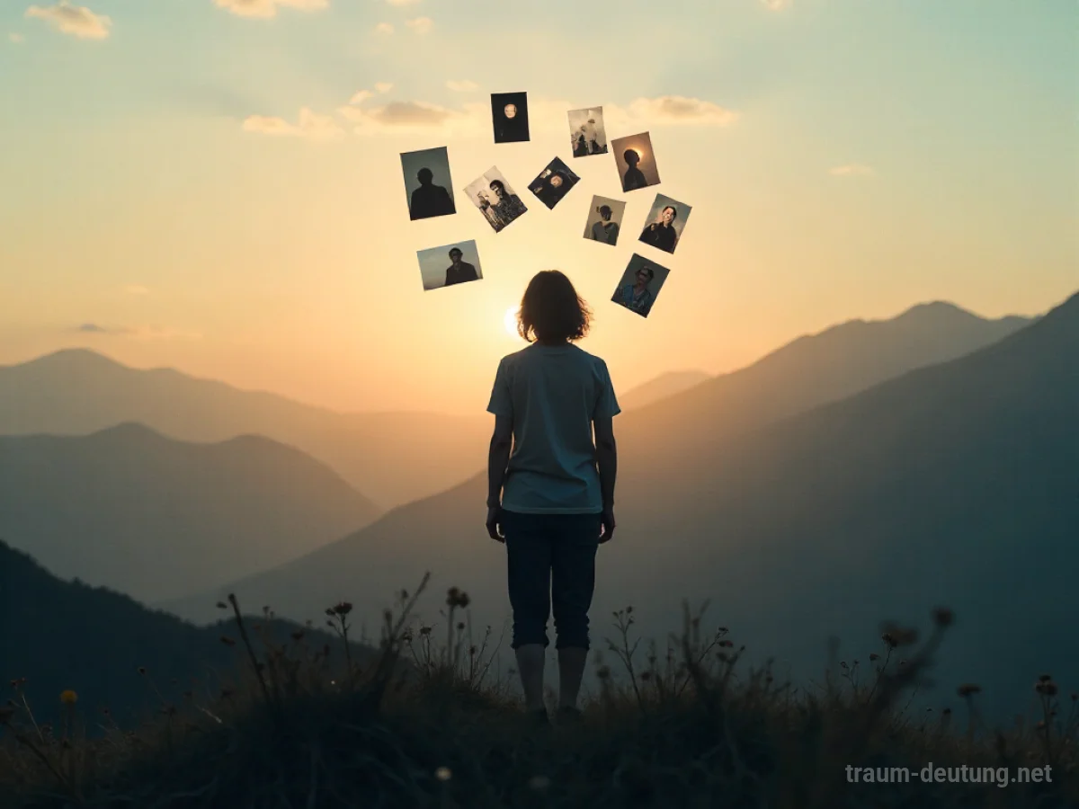 Eine Person als Silhouette vor einer verblassenden Landschaft mit schwebenden Erinnerungsfragmenten.