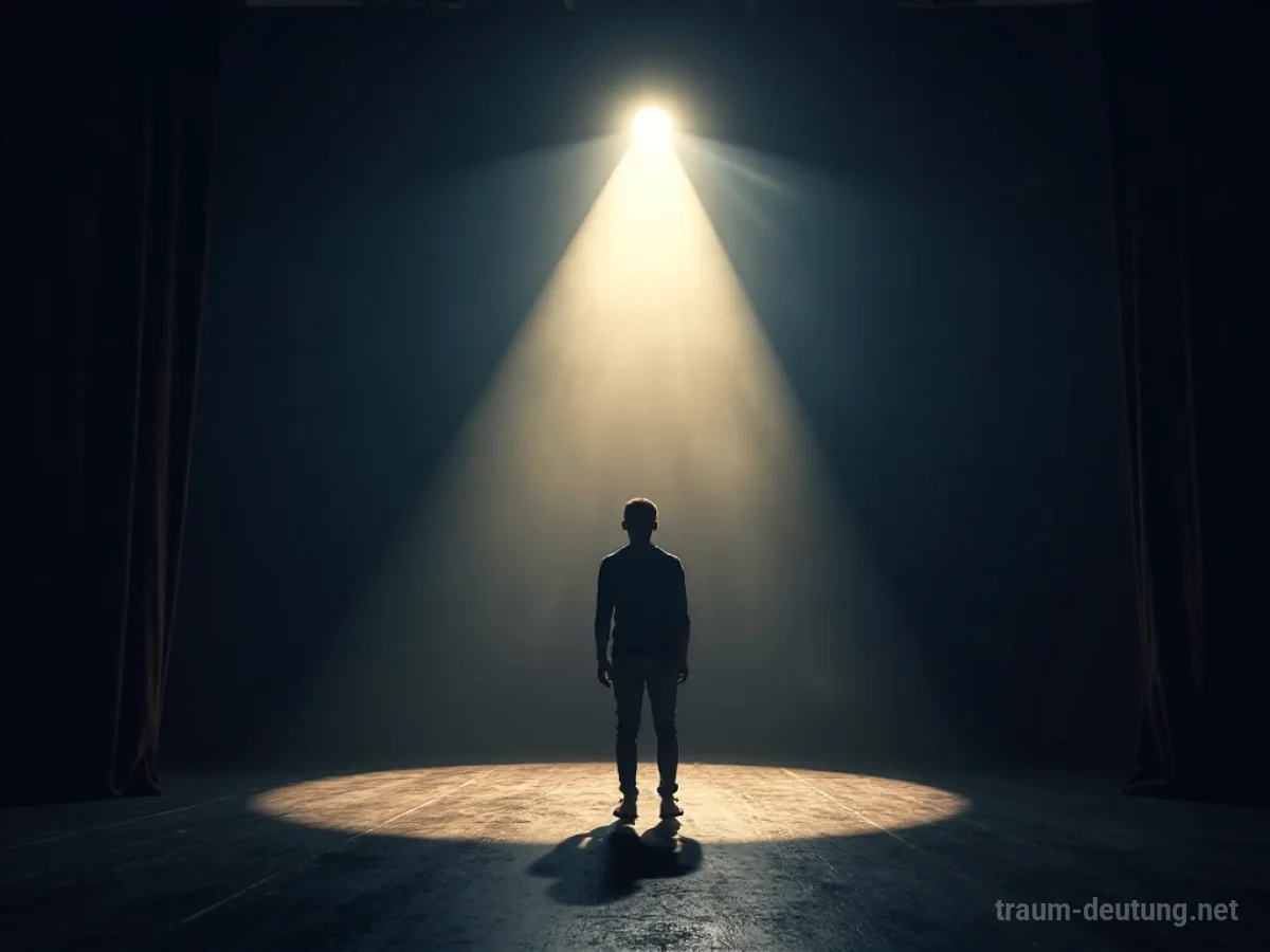 Silhouette einer Person, die nervös im Schatten einer leeren Bühne steht und auf ihren Auftritt wartet.