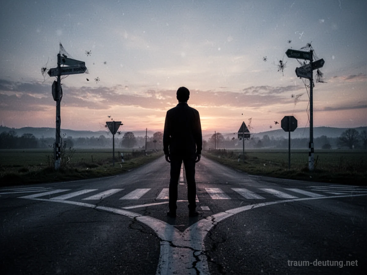 Silhouette einer Person an einer Weggabelung im Abendrot