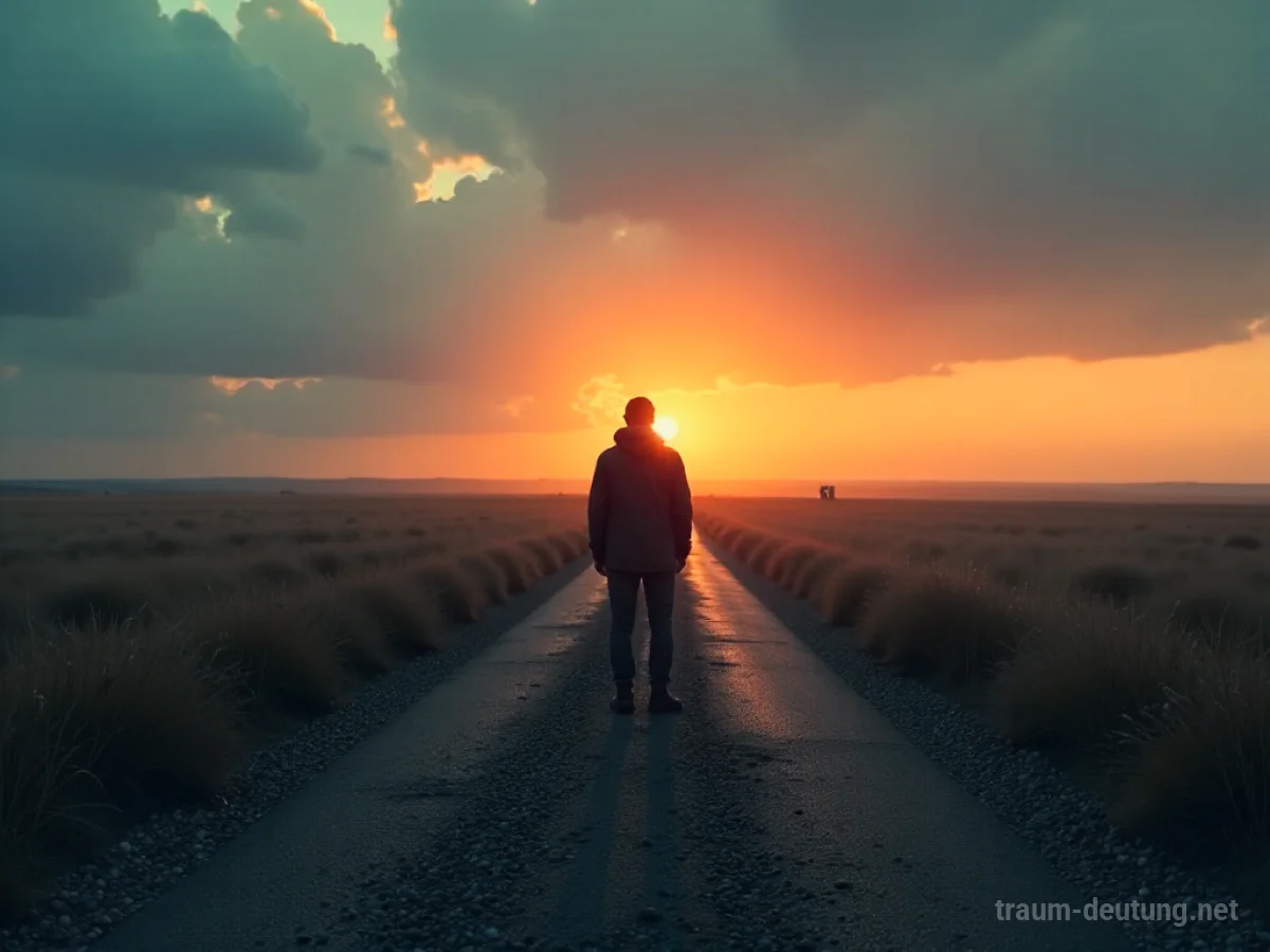 Person steht an einer Weggabelung und blickt auf einen fernen Horizont.