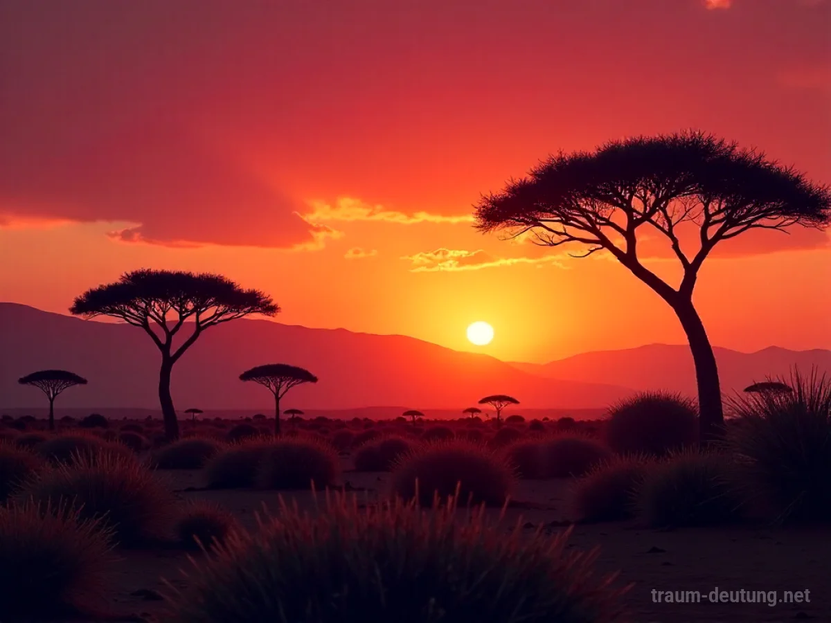Weite afrikanische Wüstenlandschaft bei Sonnenuntergang mit Akazienbäumen im Schatten.