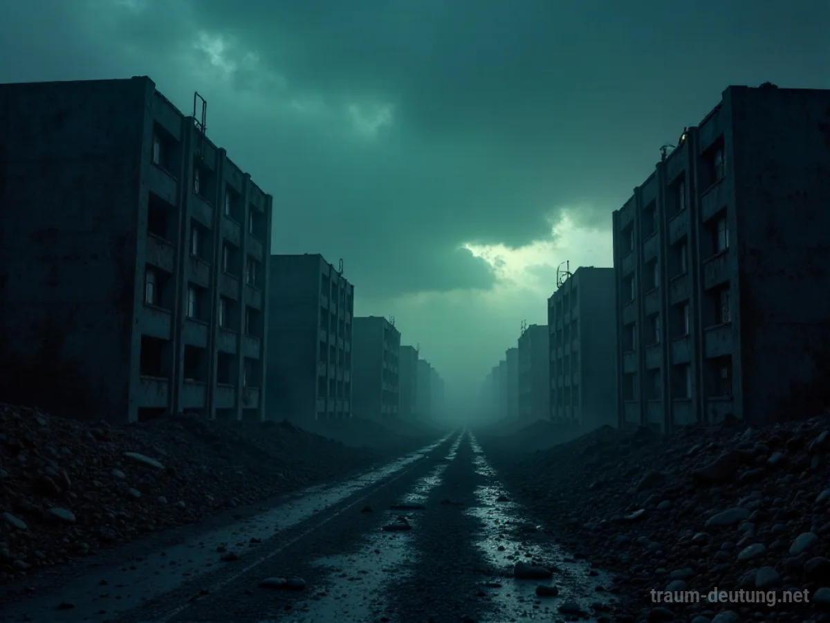 Zerstörte Stadtlandschaft nach Atomkrieg mit Ruinen und dunklem Himmel.