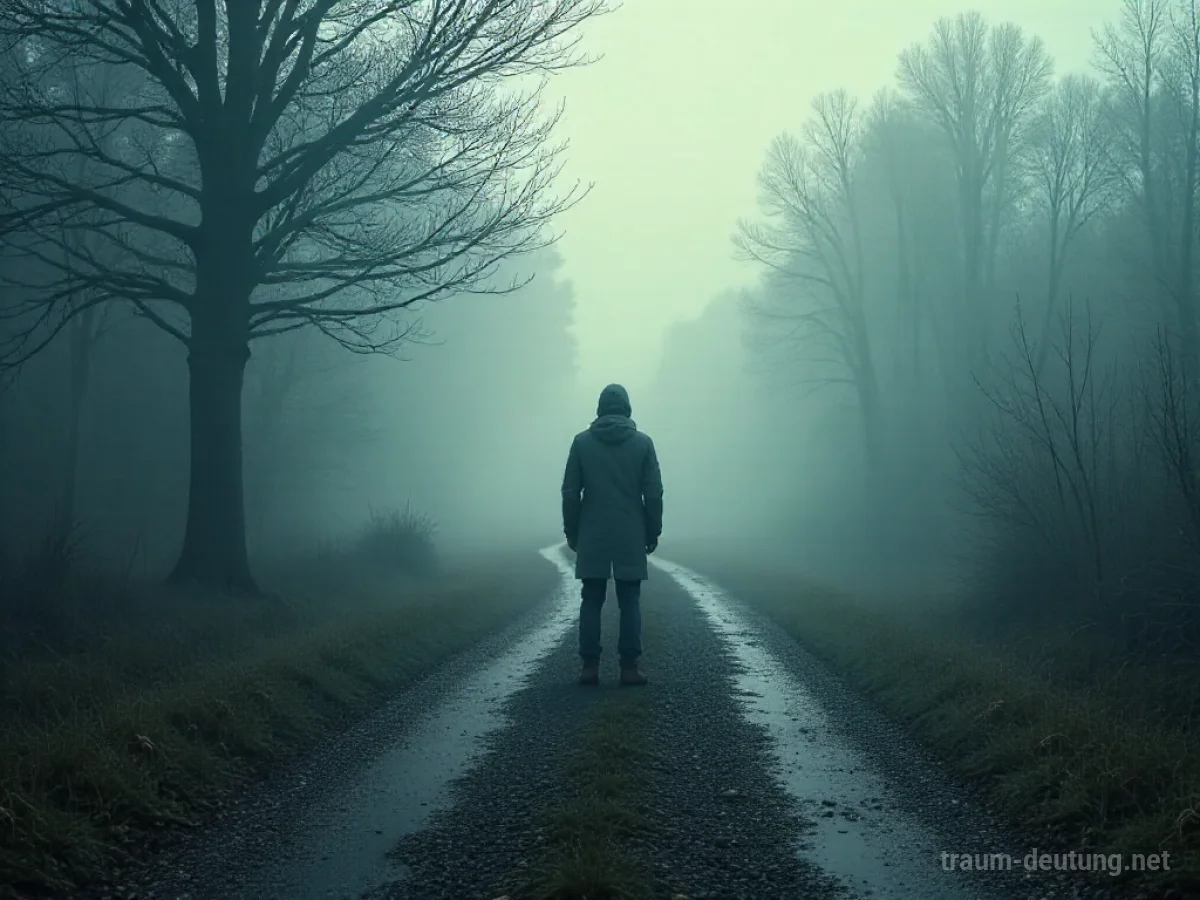 Ein Mensch steht an einer Weggabelung und blickt zurück auf einen im Nebel verschwindenden Pfad.