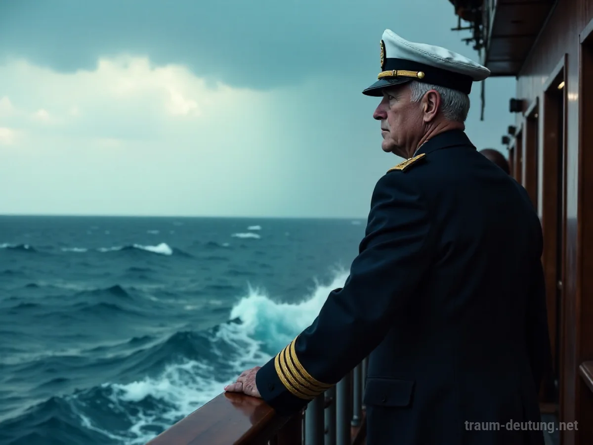 Ein zorniger Admiral steht auf der Brücke eines Schiffes und blickt auf das Meer.