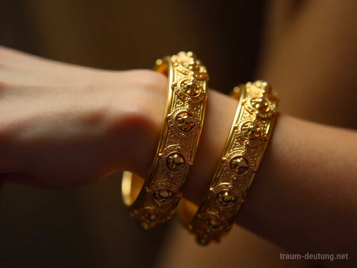 Zu enge goldene Armreifen am Handgelenk, die auf Druck hindeuten.