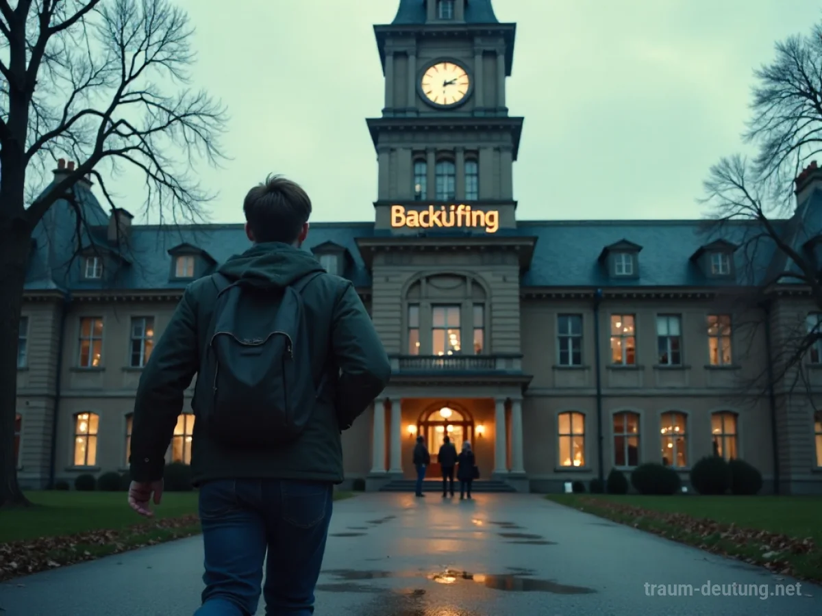 Schüler eilt panisch zu einem Gebäude mit der Aufschrift 'Prüfung', die Zeit ist abgelaufen.