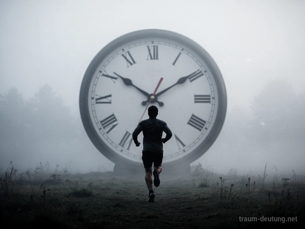 Silhouette einer Person, die auf eine große Uhr in einem nebligen Raum zuläuft