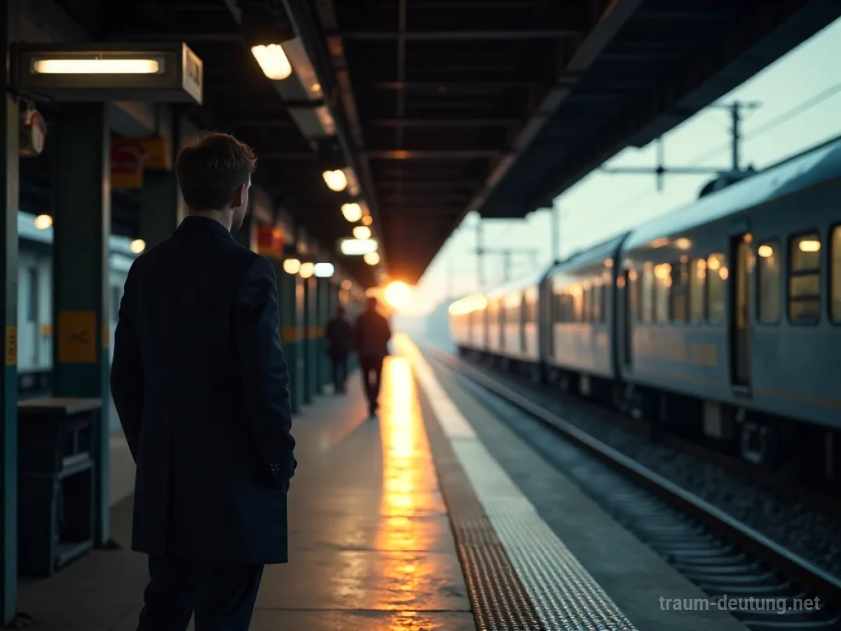 Eine einsame Person steht auf einem Bahnsteig und blickt einem wegfahrenden Zug nach.