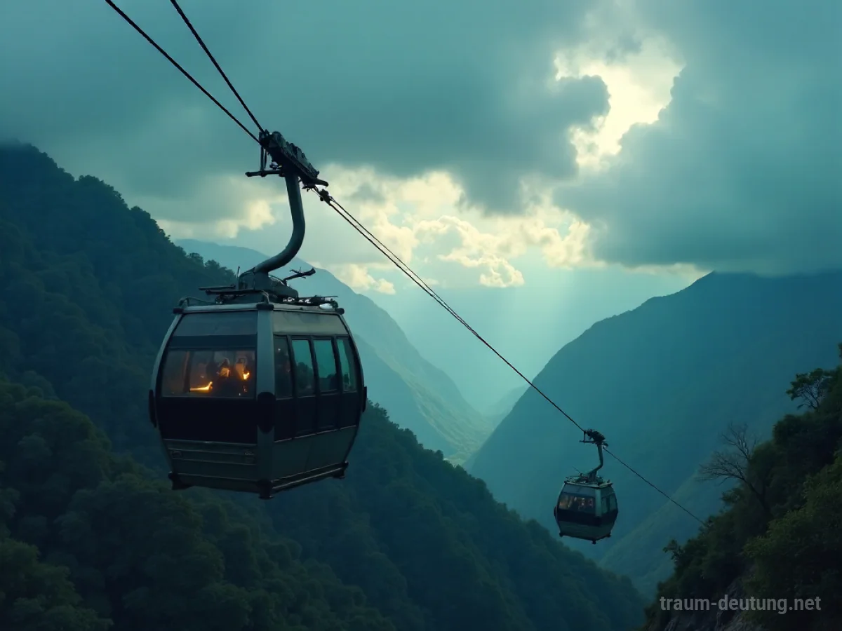 Eine Bergbahn stürzt in einem dramatischen Szenario ab, umgeben von dunklen Wolken.