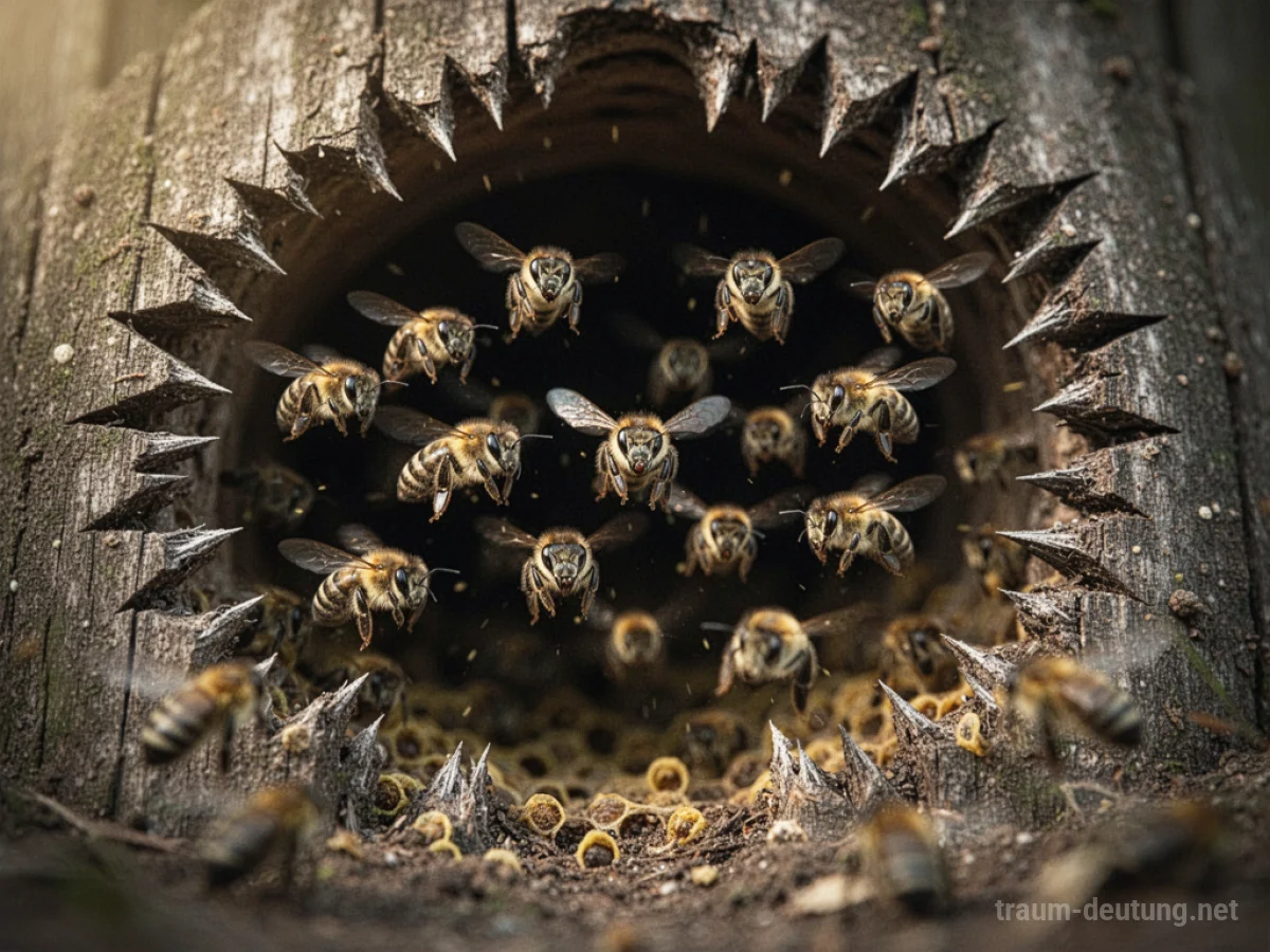 Wütender Bienenschwarm fliegt auf den Betrachter zu