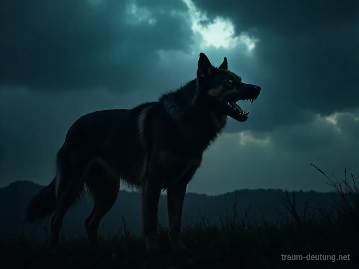 Schattenhafter Hund bellt aggressiv vor dunklem Himmel