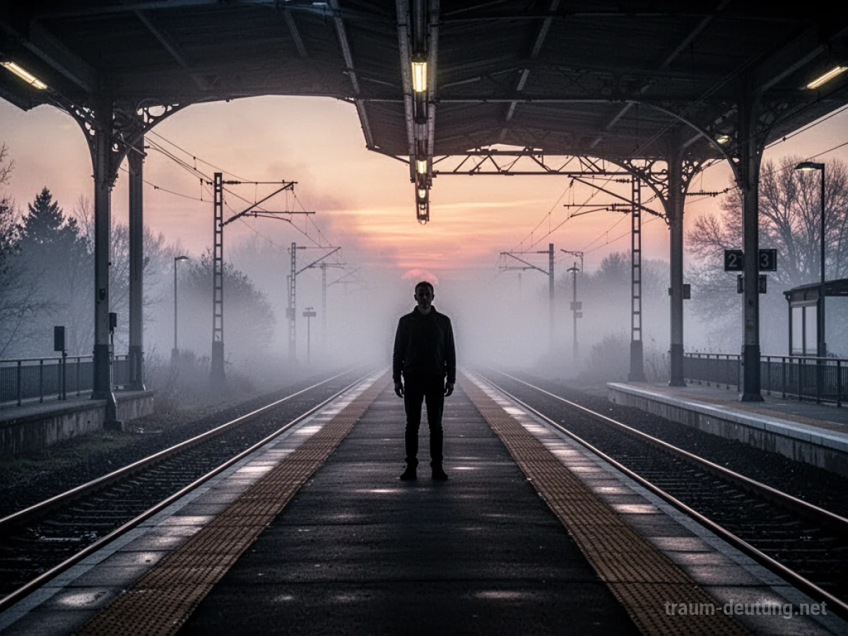 Ein einsamer Mensch steht auf einem Bahnhof im Nebel.