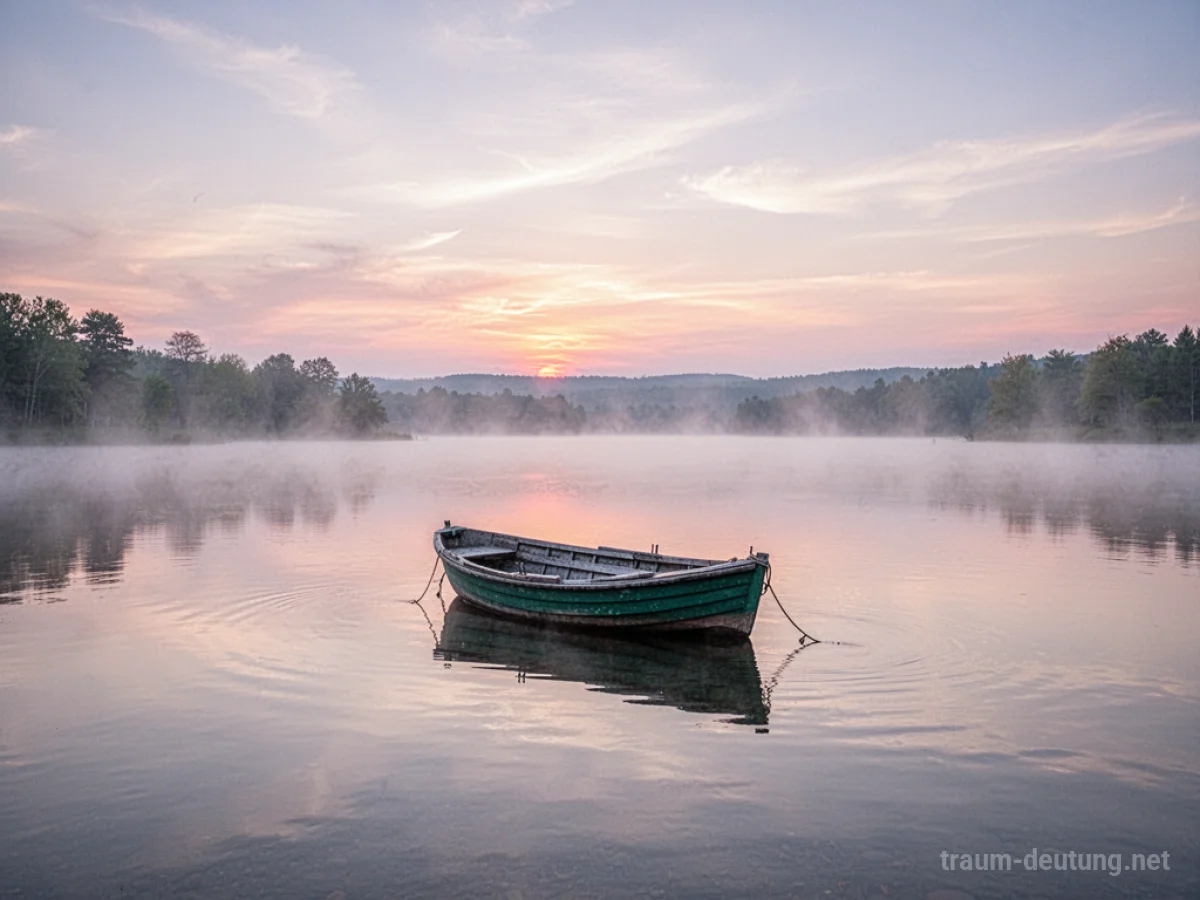 Ein kleines Boot treibt einsam auf einem ruhigen See im Morgengrauen.
