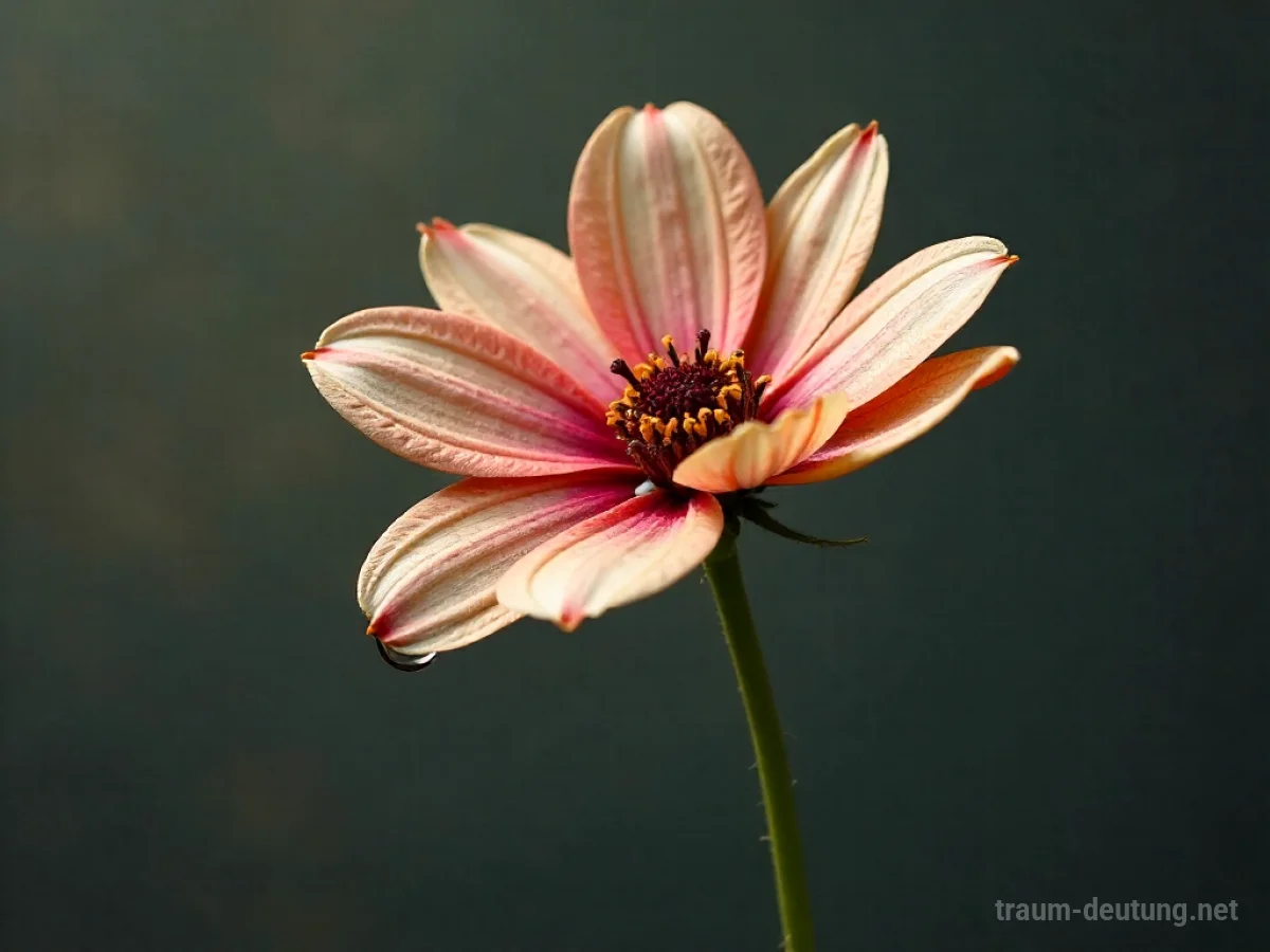 Eine welke Blume mit einem Tropfen dunkler Flüssigkeit darauf.