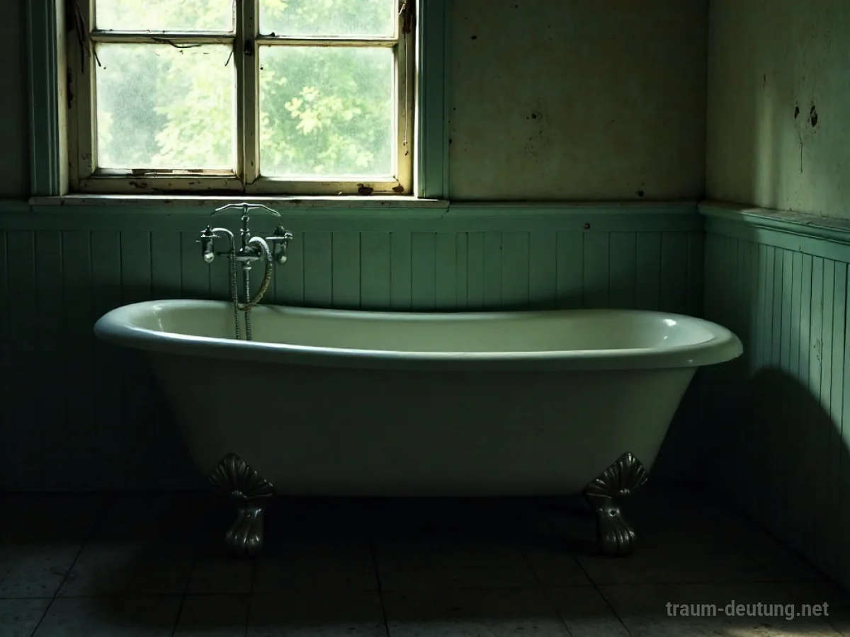 Eine alte Badewanne in einem dunklen, nostalgischen Badezimmer.