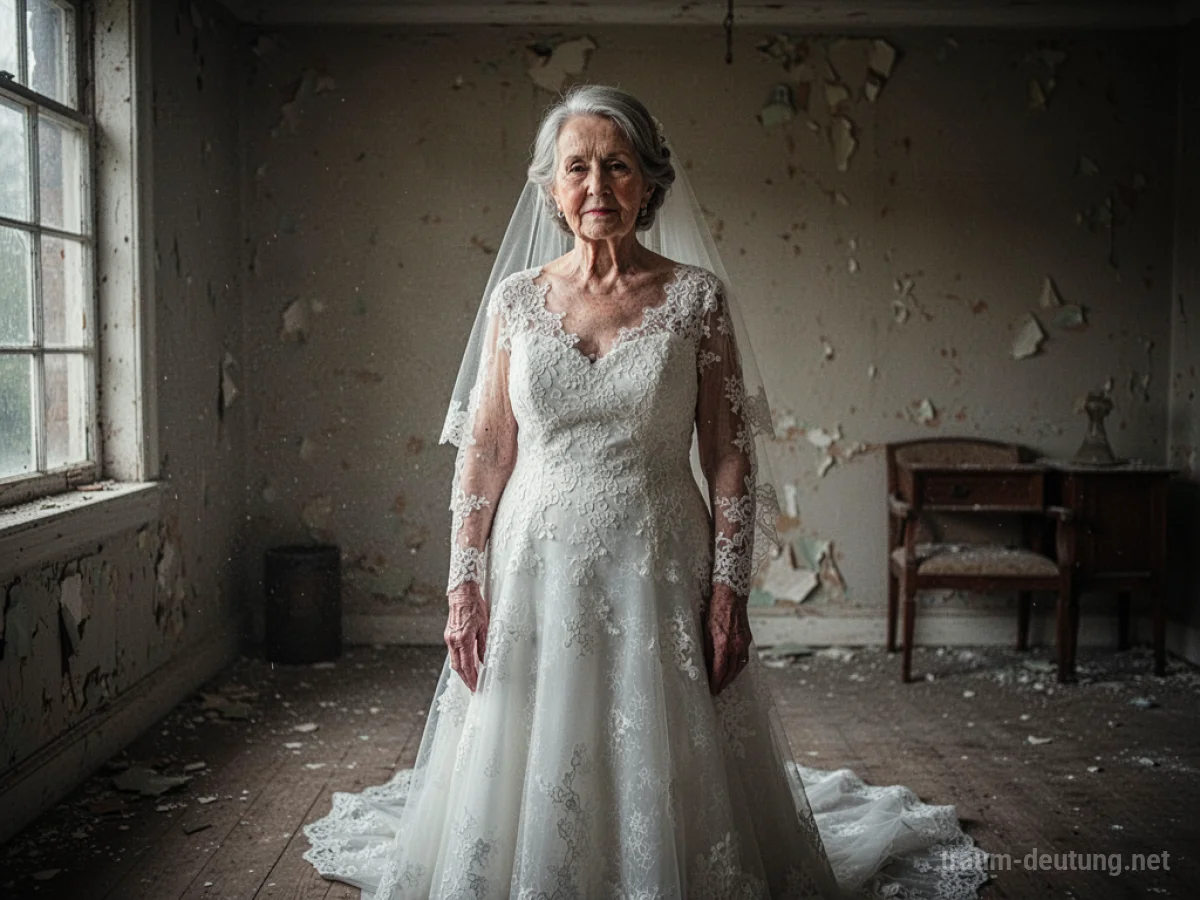 Eine ältere Frau im Brautkleid in einem schwach beleuchteten Raum.