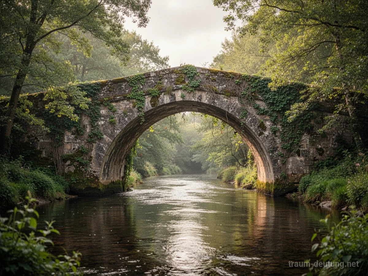 Eine alte Steinbrücke über einem ruhigen Fluss, umgeben von grüner Natur.