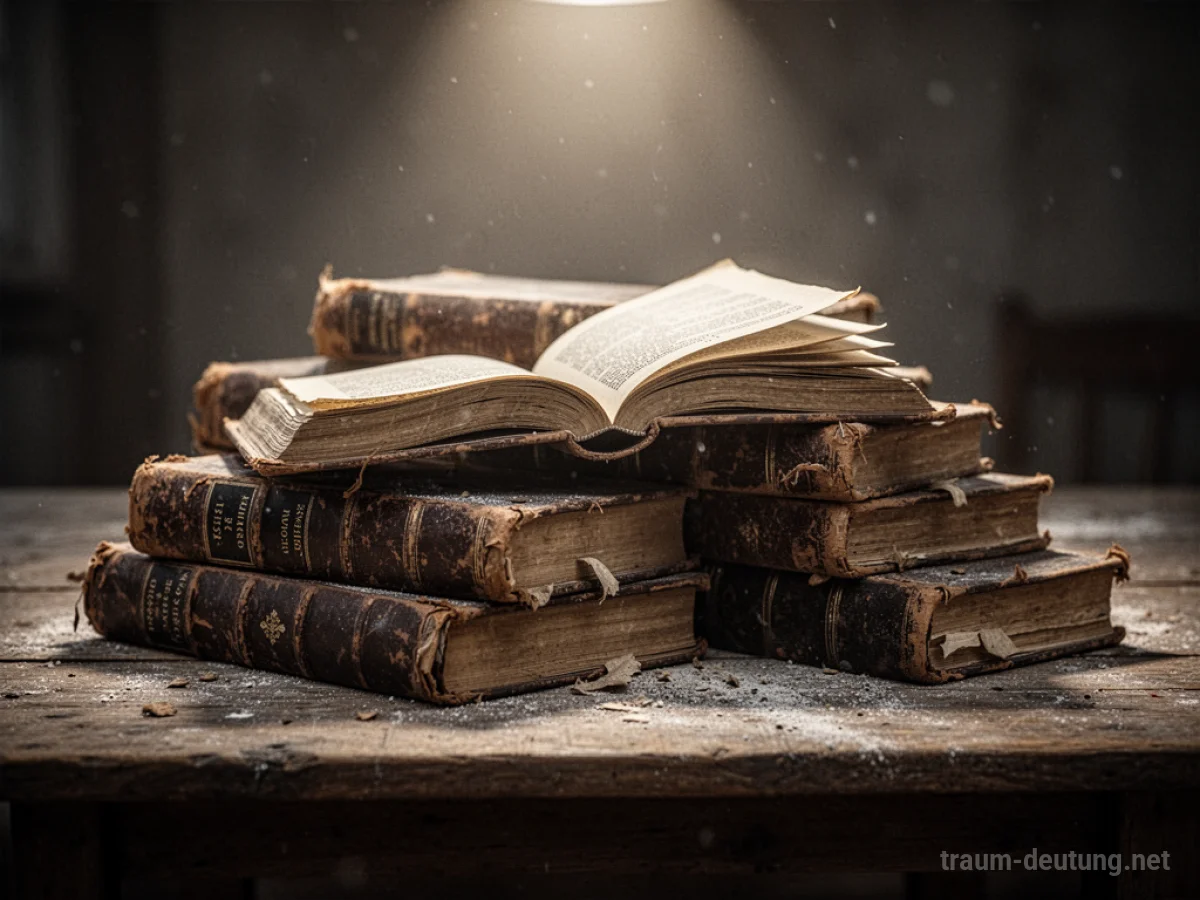 Stapel alter, ledergebundener Bücher auf einem Holztisch im Scheinwerferlicht.