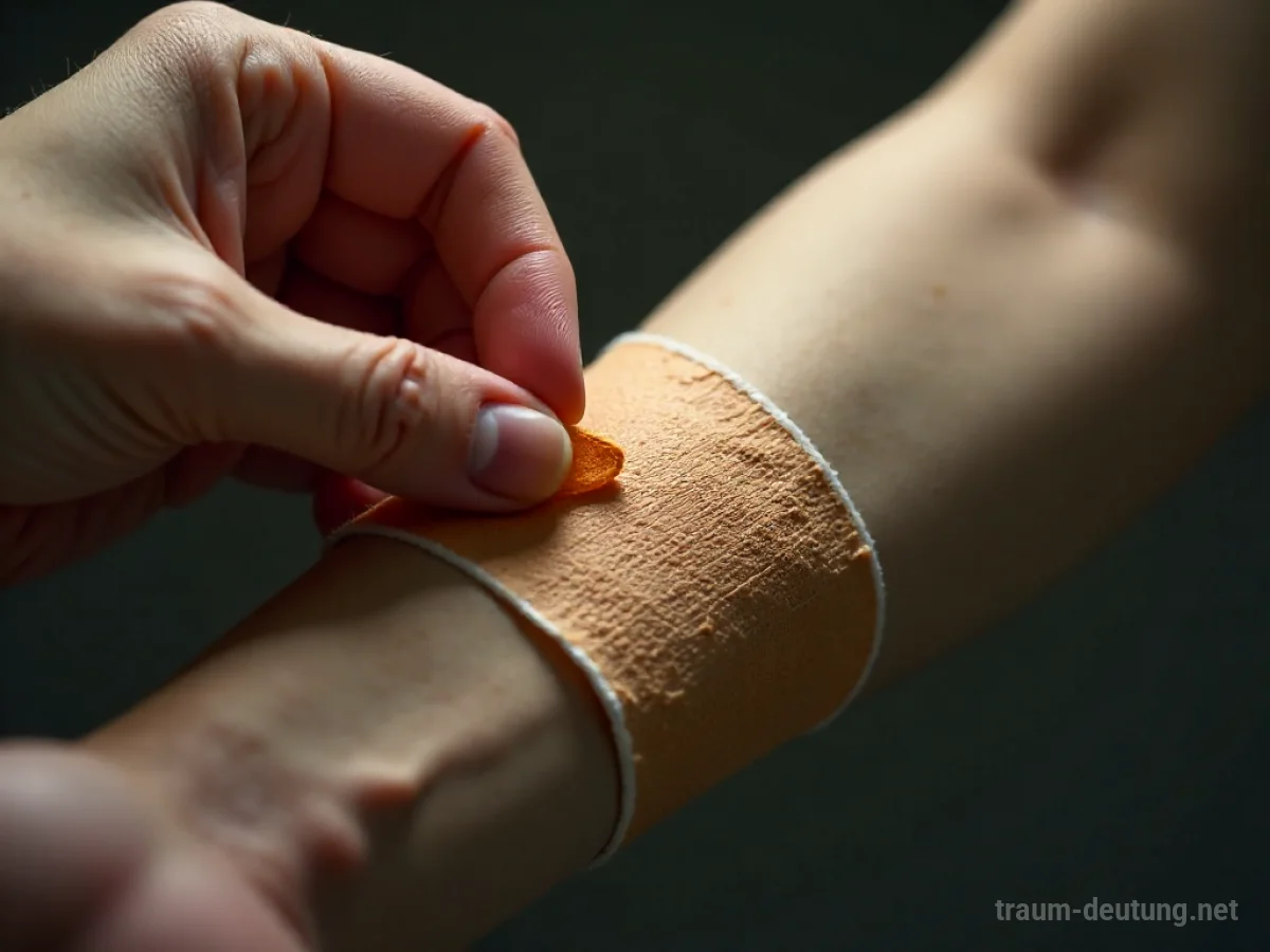 Hand entfernt alten Verband von einem Arm