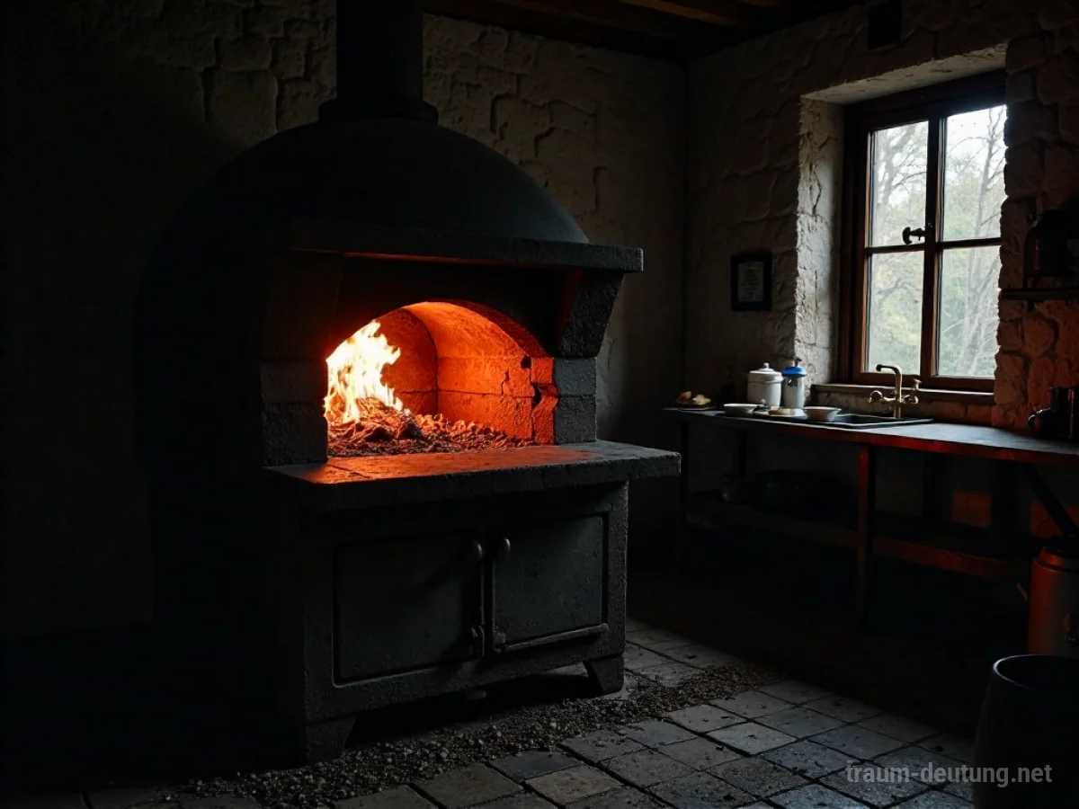 Alter Holzbackofen mit glimmenden Kohlen im Inneren, in einer rustikalen Küche.