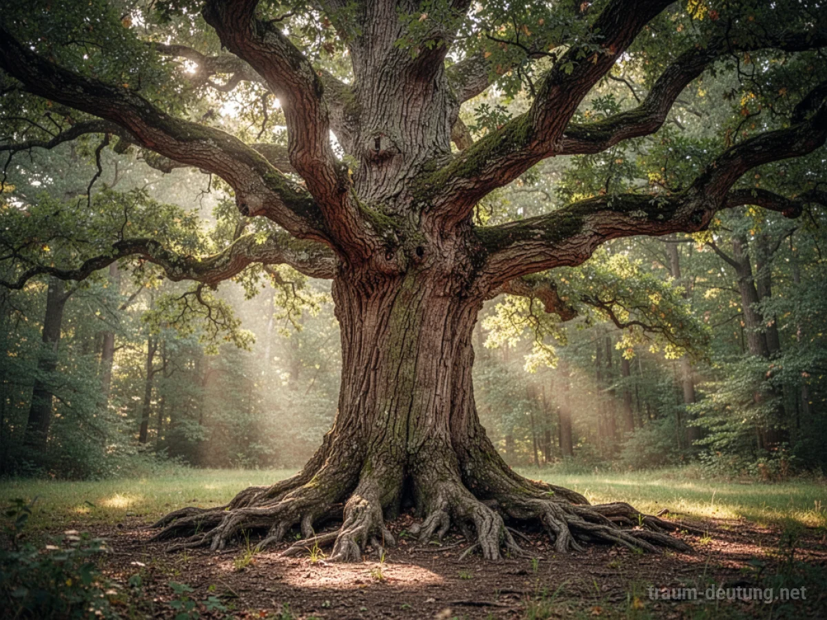Alter Baum mit knorrigen Ästen in einem sonnigen Wald