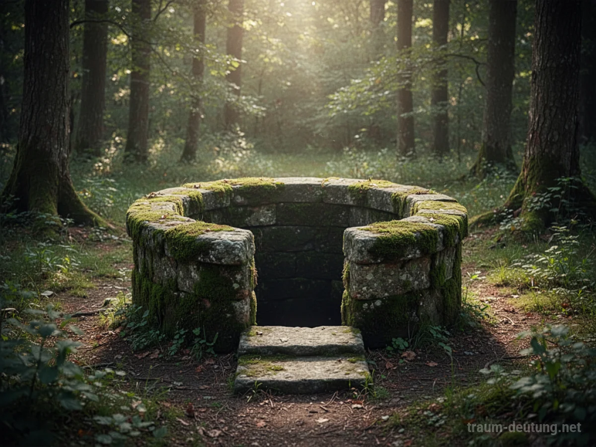 Alter, moosbewachsener Brunnen in einem Waldlichtung, Sonnenlicht fällt durch die Bäume.