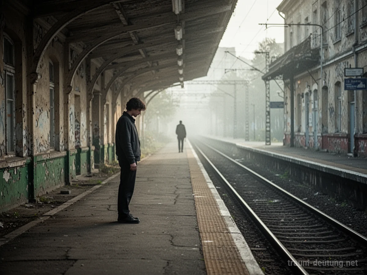 Eine Person steht allein auf einem alten Bahnhof und blickt in die Ferne.
