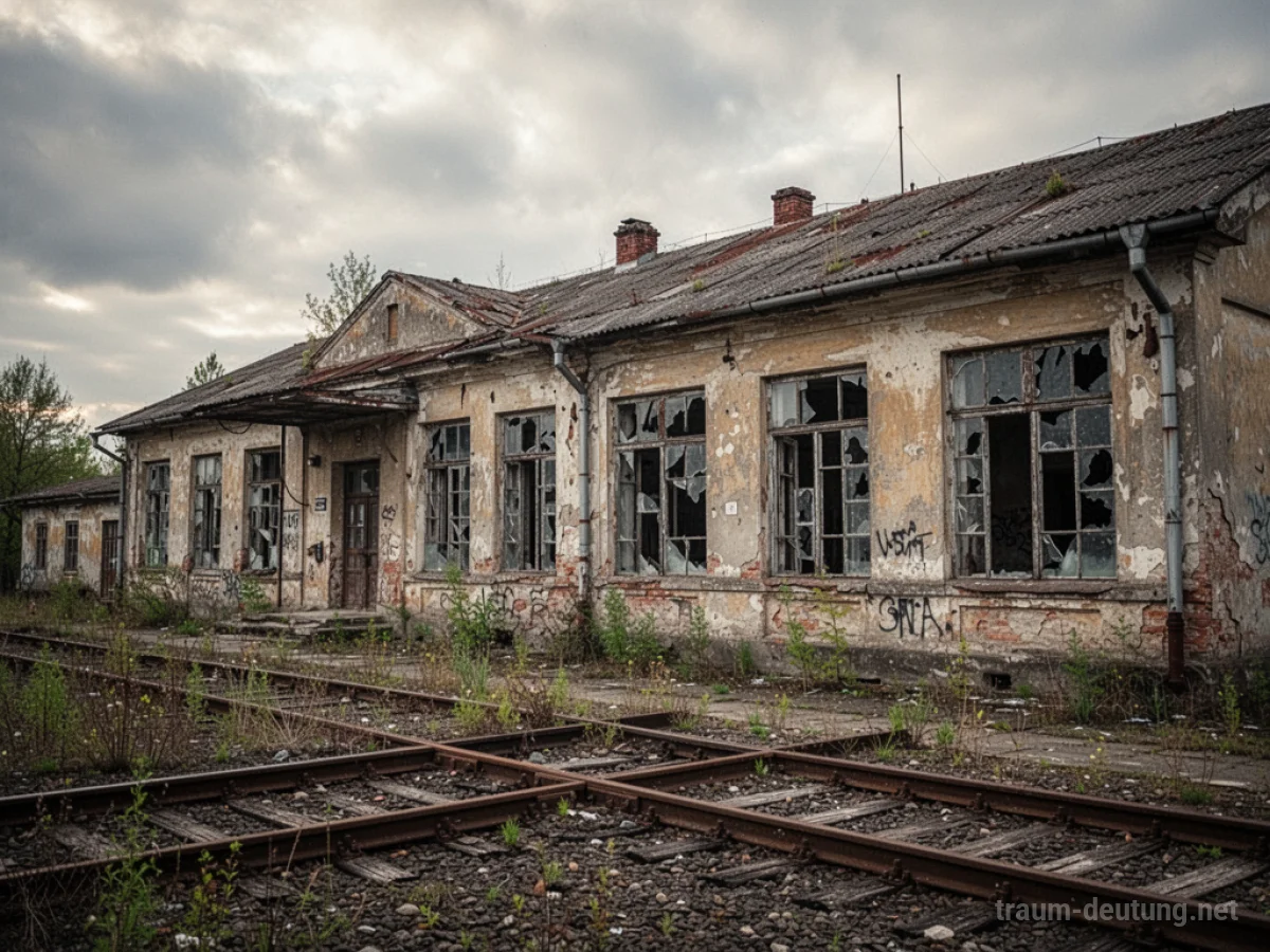 Ein alter, verfallener Bahnhof mit kaputten Fenstern und überwucherten Gleisen.