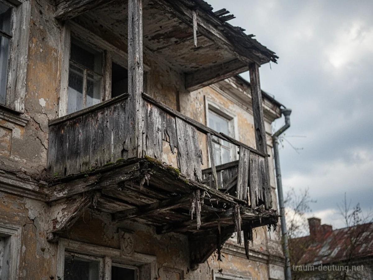 Ein alter, verrotteter Balkon mit brüchigen Holzplanken, der Gefahr signalisiert.
