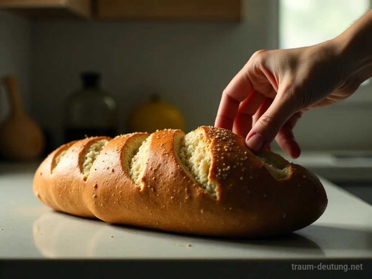 Ein altes Baguette wird in einen Mülleimer geworfen.