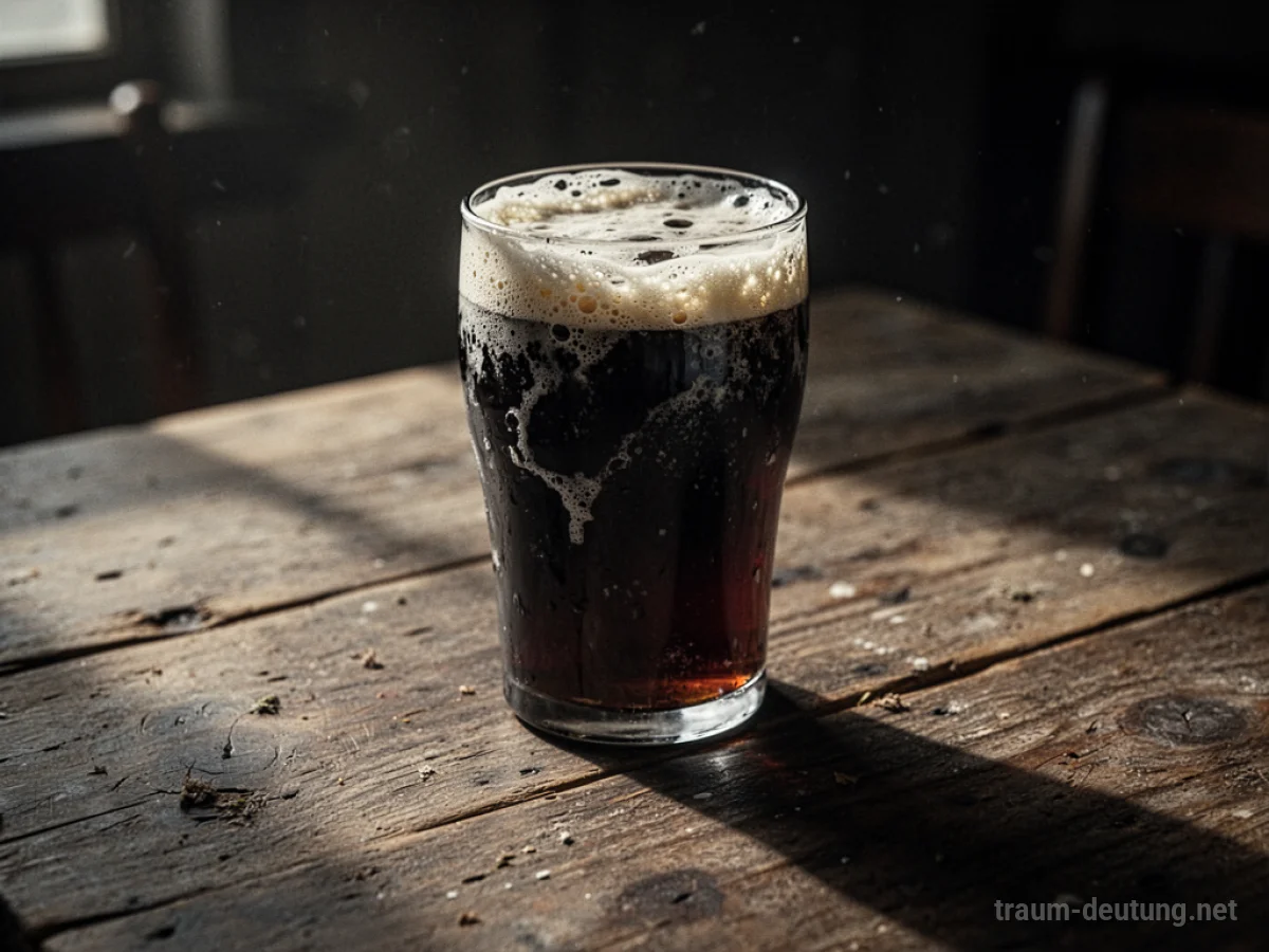Ein Glas abgestandenes Bier auf einem Holztisch im Schatten.