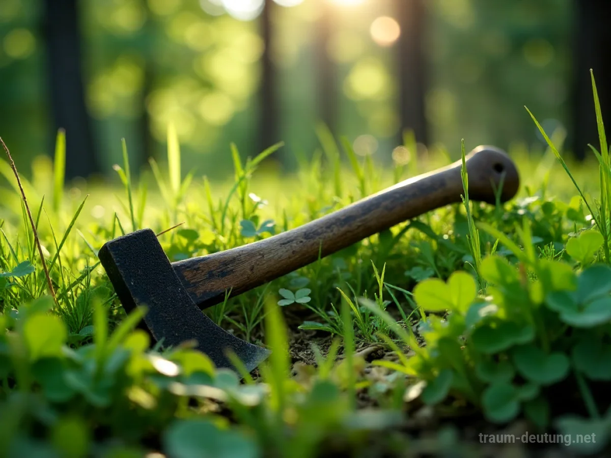 Altes rostiges Beil liegt im Gras, halb verborgen.