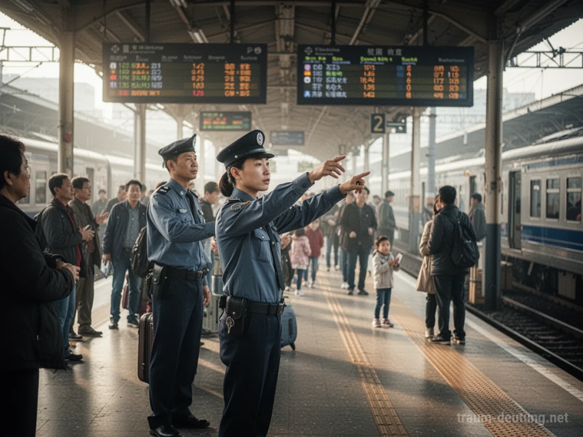 Mensch in Uniform arbeitet am Bahnsteig eines belebten Bahnhofs.