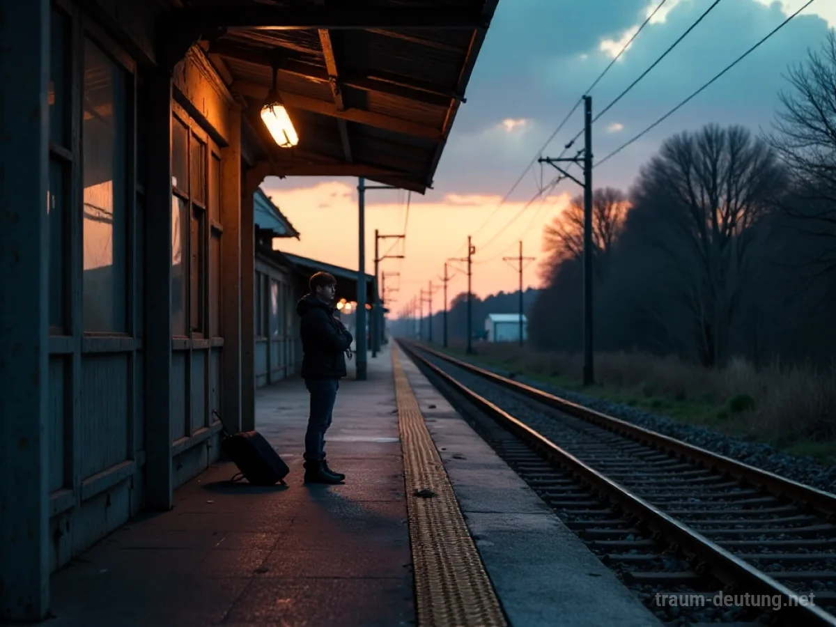 Eine Person wartet allein auf einem Bahnhof bei Dämmerung.