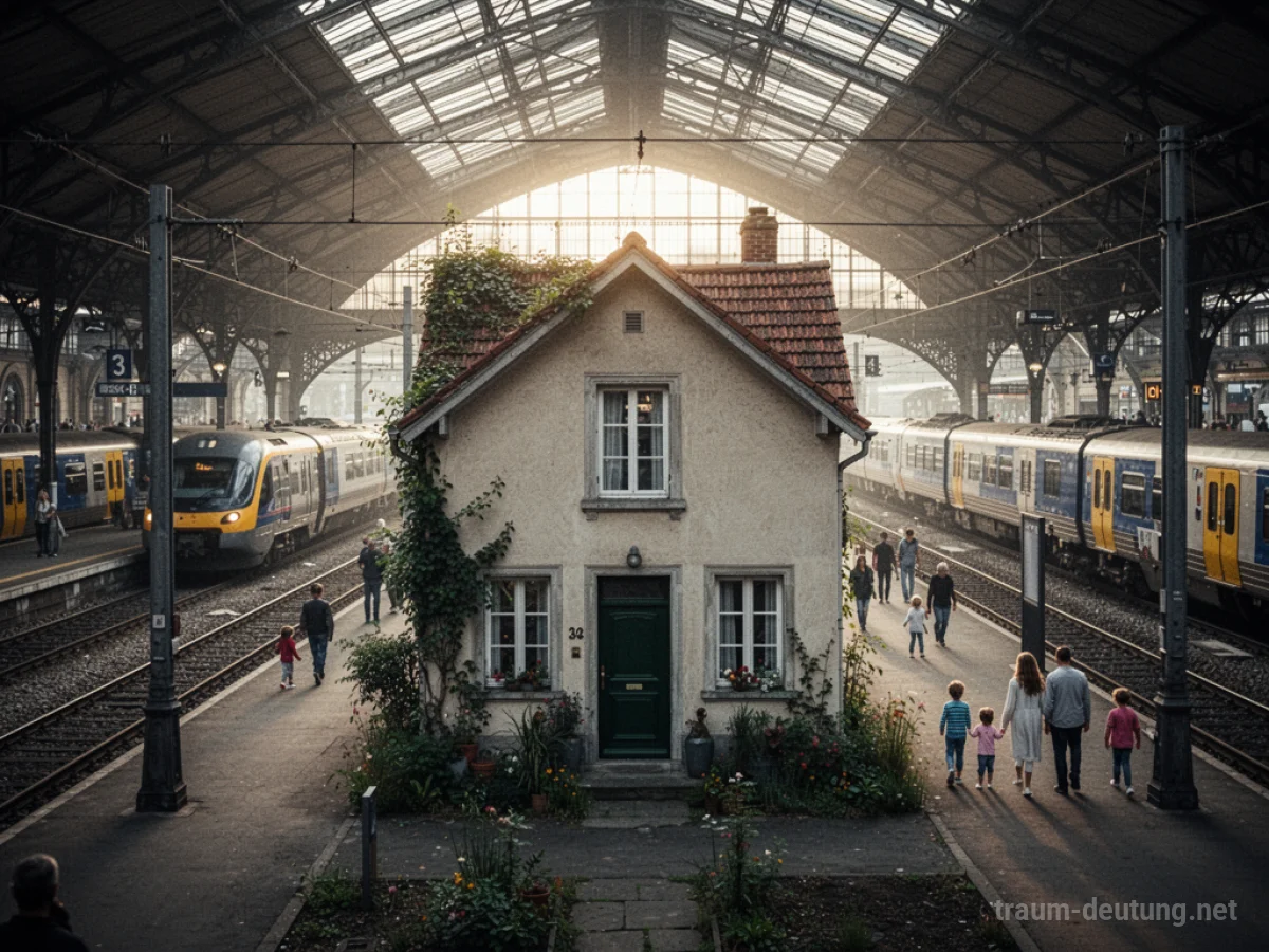 Haus, das in einen lebhaften Bahnhof integriert ist, mit Zügen im Hintergrund.