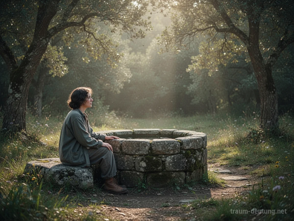 Eine Person sitzt ruhig an einem alten steinernen Brunnen in der Natur.