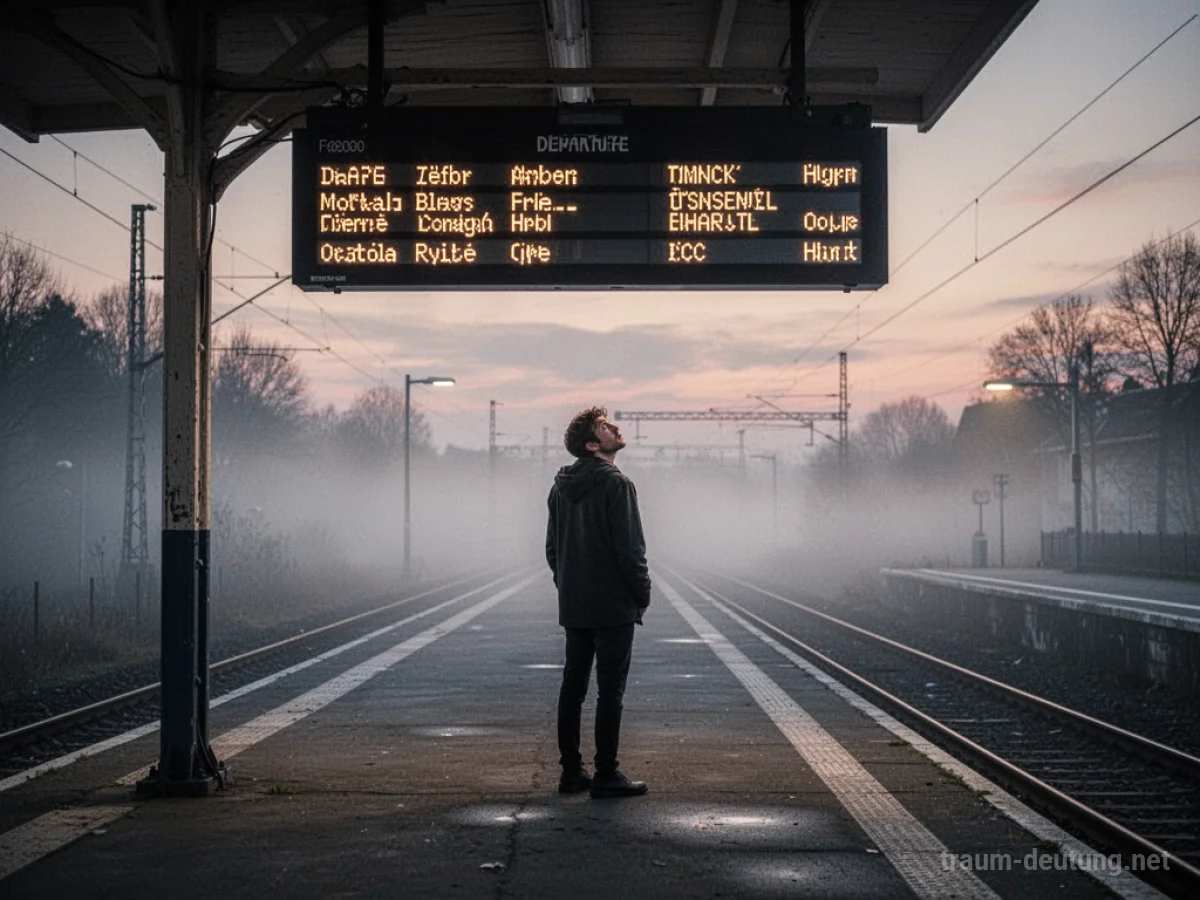 Eine einsame Person steht verwirrt auf einem Bahnhof im Dämmerlicht.
