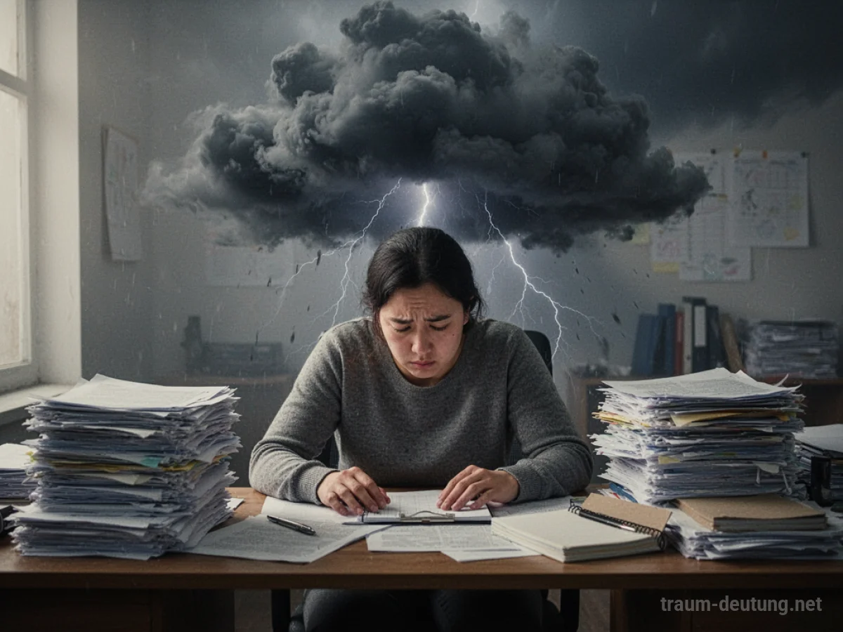 Überforderte Person am Schreibtisch unter einer dunklen Wolke