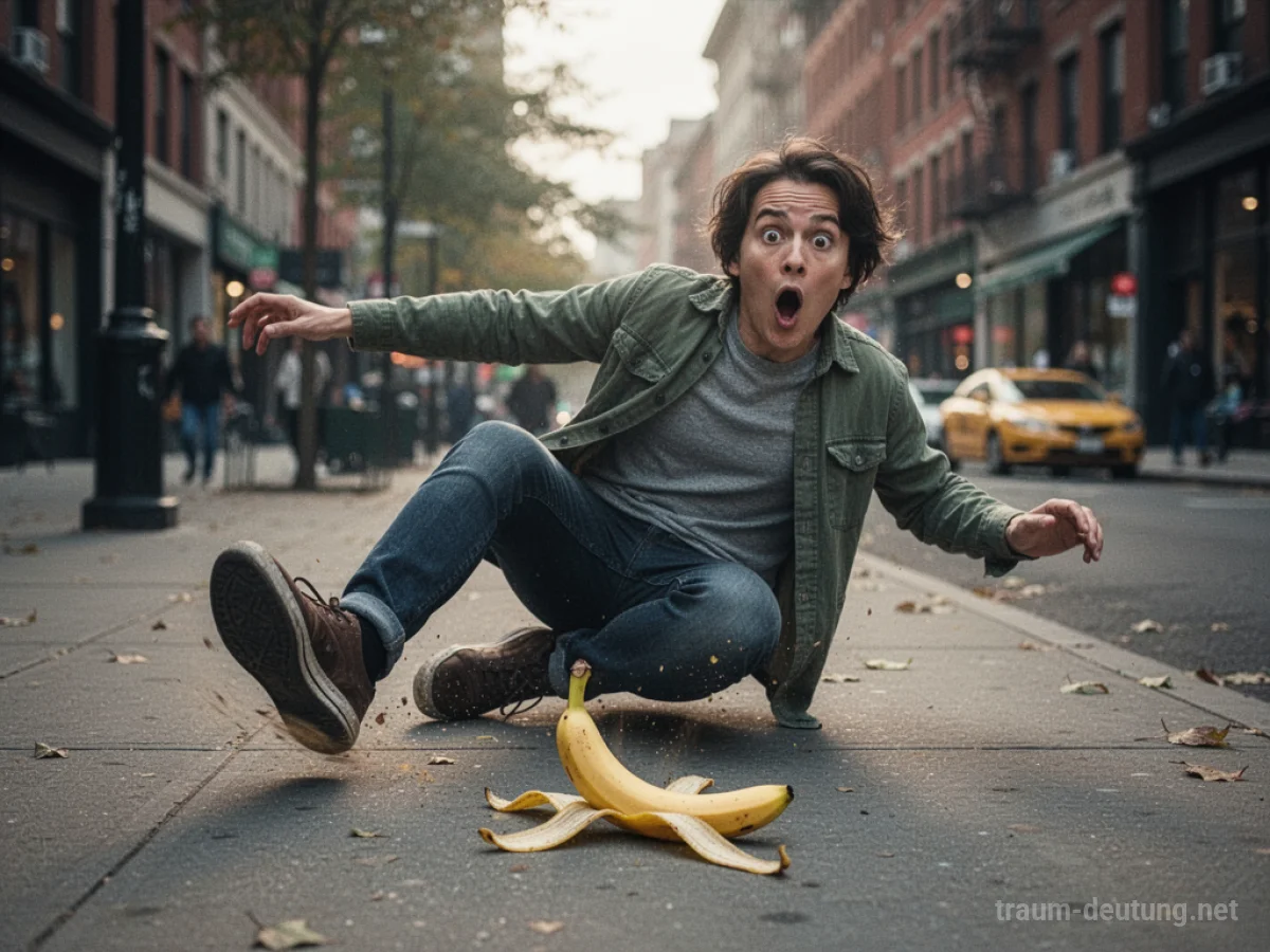 Eine Person rutscht auf einer Bananenschale aus auf einem Gehweg.