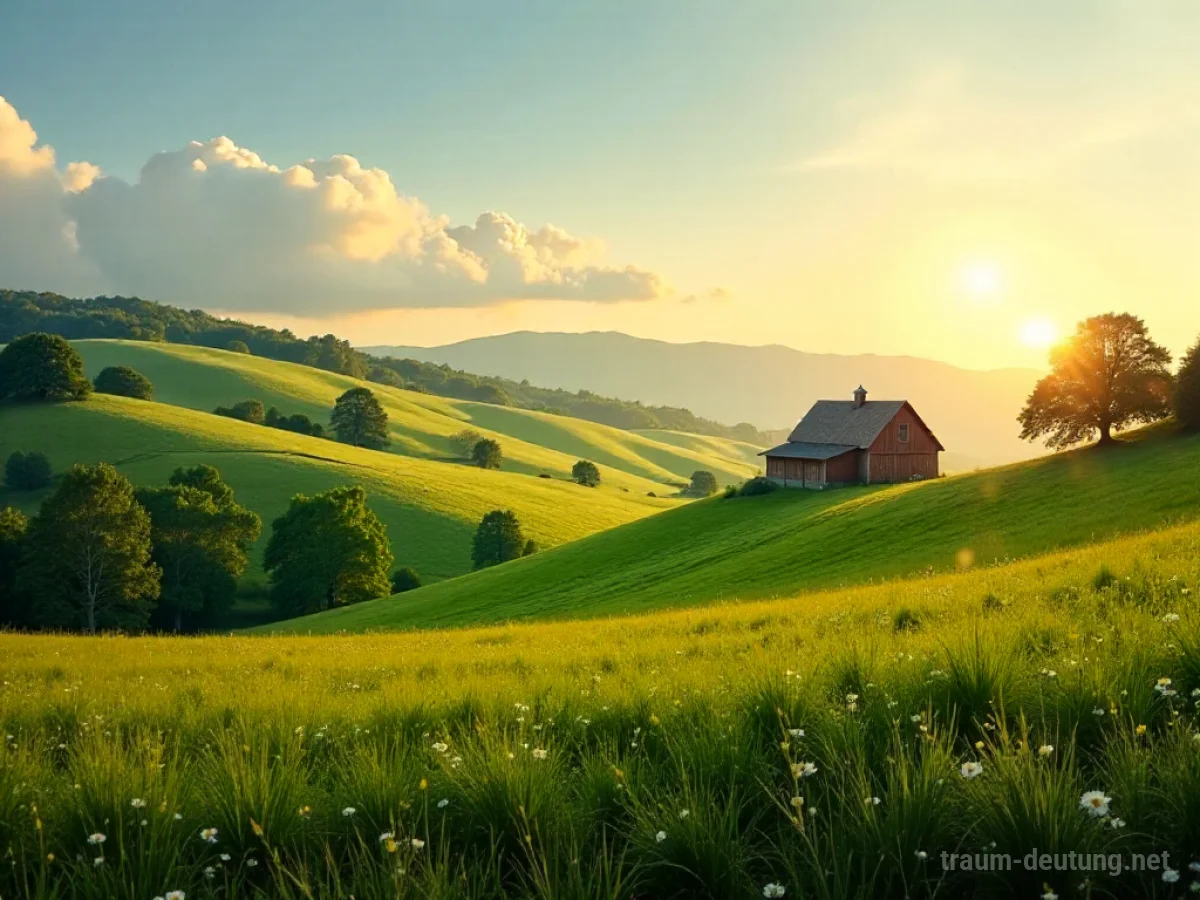 Ein Bauernhof in friedlicher Landschaft mit grünen Feldern und einer Scheune.