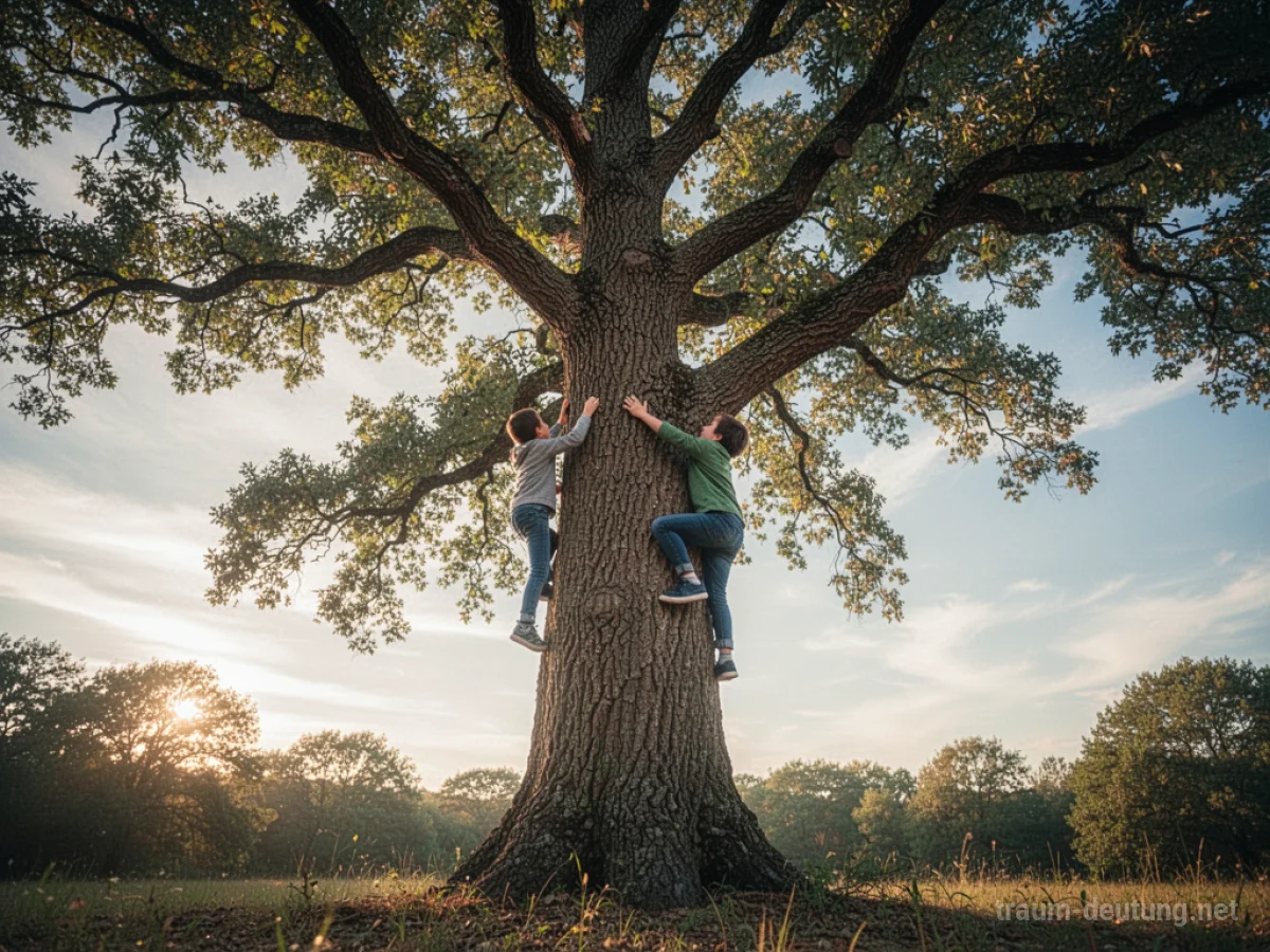 Person klettert auf einem Baum empor in Richtung Himmel.