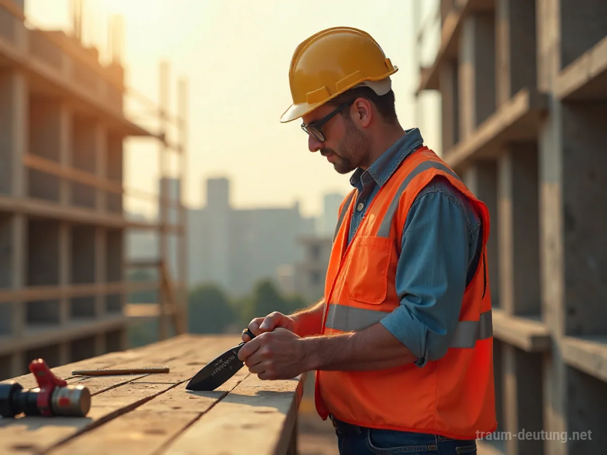 Person arbeitet auf einer Baustelle mit Werkzeugen und Baumaterialien
