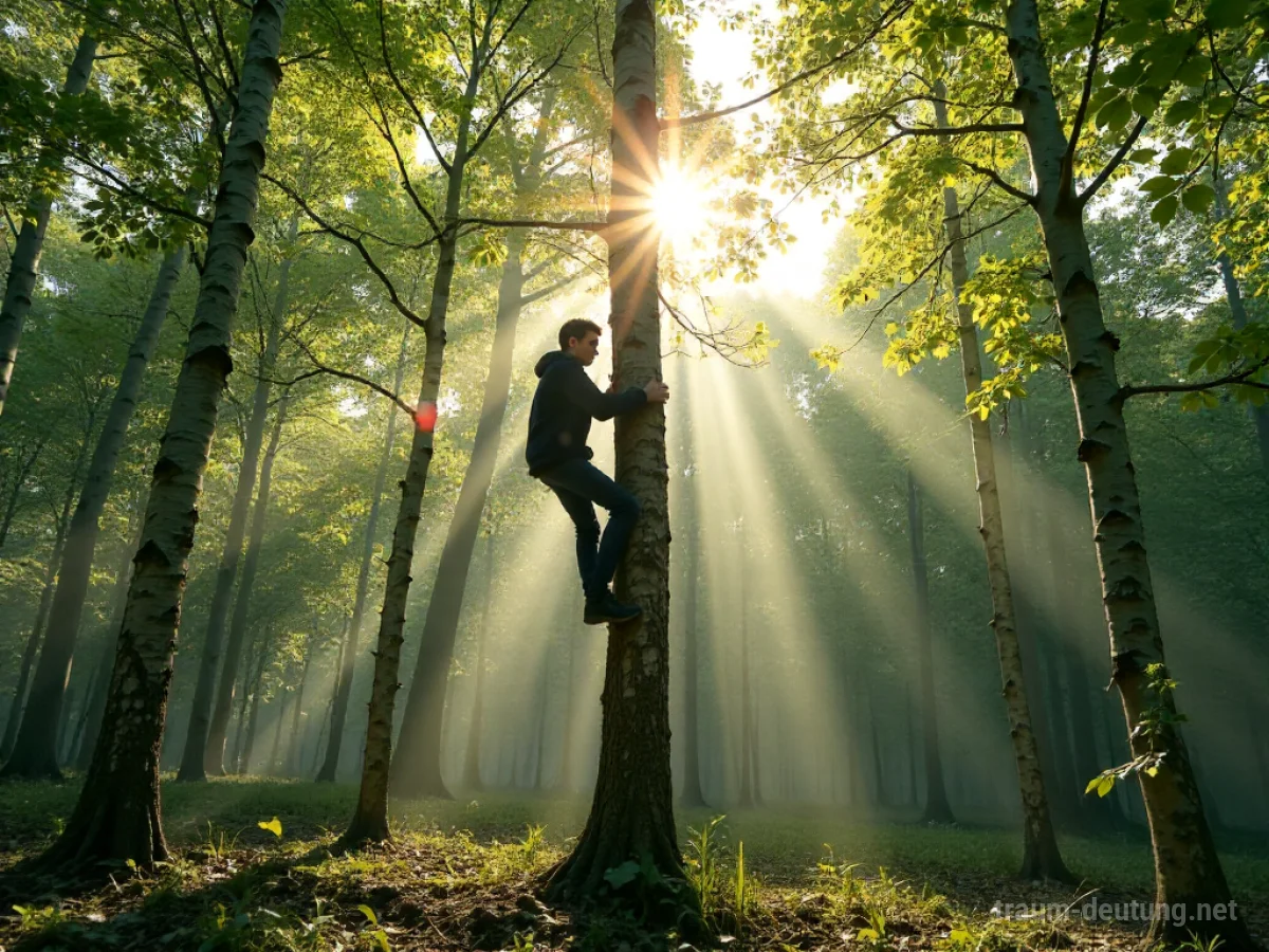 Person klettert auf eine hohe Birke in einem sonnigen Wald.
